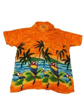 Vintage In Gear Orange Parrot Island Paradise Hawaiian Shirt Mens Size XXL